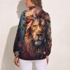 Wild Animals Lion Flowers Women's Button Down Shirts V Neck Long Sleeve Blouses Loose T-Shirt Tops
