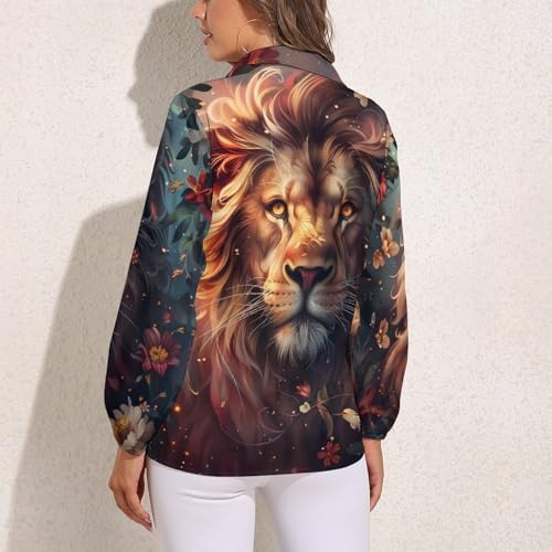 Wild Animals Lion Flowers Women's Button Down Shirts V Neck Long Sleeve Blouses Loose T-Shirt Tops
