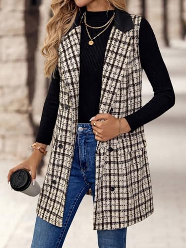 Womens Long Tweed Vest Fall Winter Sleeveless Blazer Jackets Trench Coat