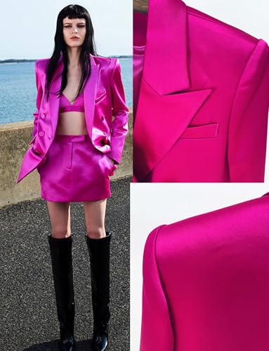 Women's 2-Piece Business Satin Suit Set Double Breasted Jacket Skirt for Party