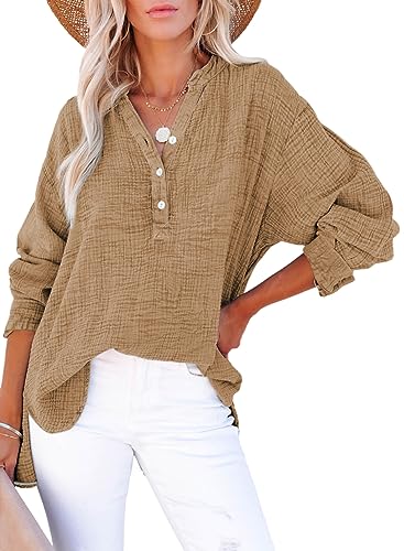 Womens Casual Button V Neck Long Sleeve Shirts Oversized Solid Blouses Tops
