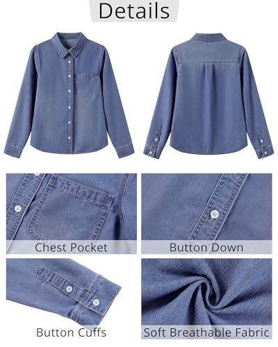 Denim Button Down Shirts for Women Long Sleeve Lightweight Western Relaxed Single Pocket Jean Shirt Shacket Top