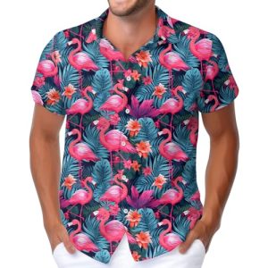 Men's Hawaiian Beach Shirt with Flamingo Shirt Men Print - Short Sleeve Linen Button Down