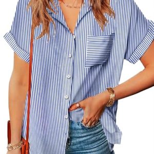 Linen Shirts for Women Cotton Short Sleeve V Neck Collared Button Down Blouses Tops S-3XL