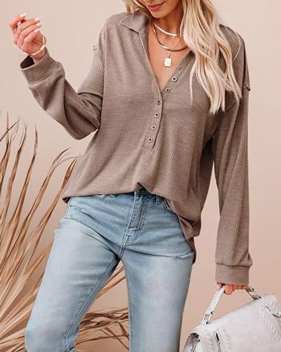 51eFxaaAUML.jpg Women Casual Button Down Fall Blouses 2025 Long Sleeve Solid Business Work Tops Cute Relaxed Fit Shirts