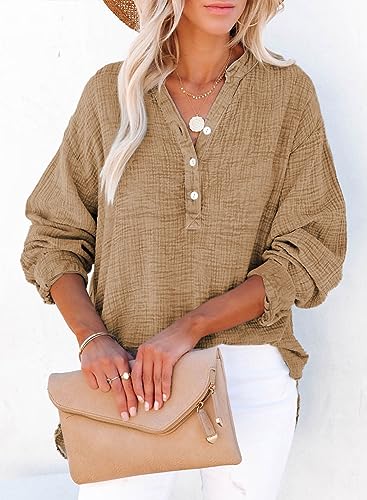 Womens Casual Button V Neck Long Sleeve Shirts Oversized Solid Blouses Tops