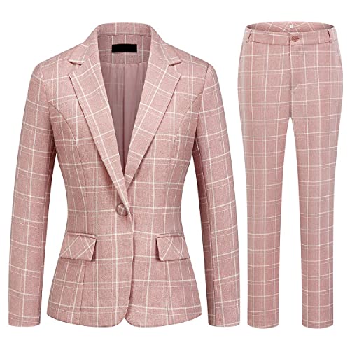 Women's 2 Piece Business Plaid Suit Set Office One Button Slim Fit Blazer with Pant