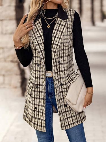 Womens Long Tweed Vest Fall Winter Sleeveless Blazer Jackets Trench Coat