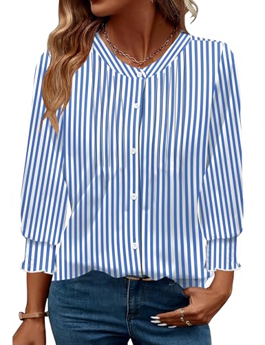 Womens 3/4 Sleeves Button Down Shirts Pleated Chiffon Blouses Business Casual Tops Work Office Tshirt