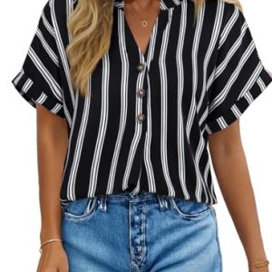 Womens Shirts Dressy Casual Summer Batwing Sleeve Shirt Trendy V Neck Button Down Striped Tops and Blouses