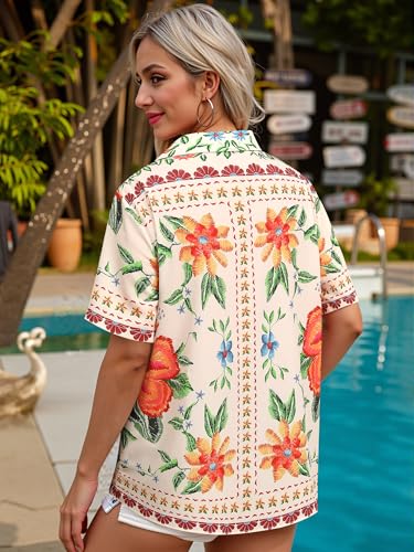 51ktNYf5hNL.jpg ???? Womens Hawaiian Shirt Luau Party Tropical Vacation Button Down Shirts Short Sleeve Beach Hawaii Floral Print Top