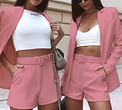 51lcN742S4L.jpg Blazer Shorts Set for Women 2 Piece Long Sleeve Open Front Blazers Short Suits Business Outfits with Belt