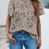 Womens Tops Summer Boho Floral Short Sleeve Button Down Shirts Crewneck Loose Vacation Dressy Casual Work Blouses