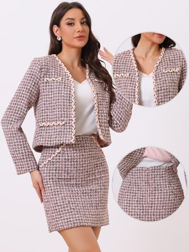 51nfTa9lc2L.jpg 2 Piece Tweed Plaid Skirt Set for Women's Business Collarless Blazer and Mini Skirt Suit Sets