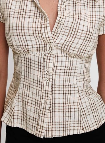 Women Y2K Cap Sleeve Button Down Shirt Slim Fit Crop Coquette Shirt V Neck 90s Vintage Preppy Blouse Top