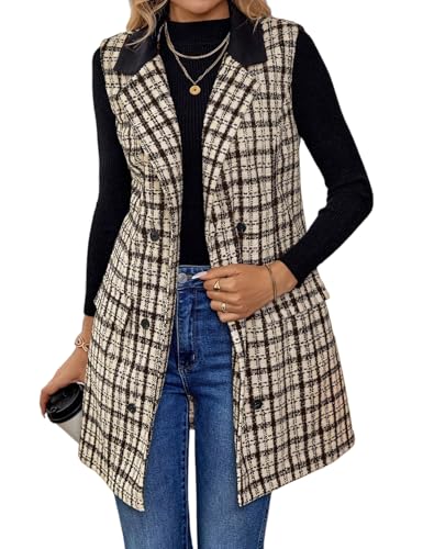 Womens Long Tweed Vest Fall Winter Sleeveless Blazer Jackets Trench Coat
