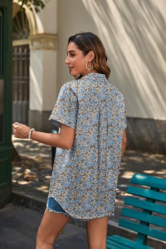 Linen Button Down Shirt Women Short Sleeve Cotton Blouses V Neck Collared Summer Beach Tops S-2XL