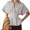 Casual Striped Button Down Shirts for Women Lapel V Neck Pleated Short Sleeve Blouse Peplum Tops Business Work Tops