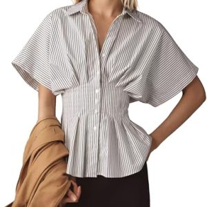 Striped Button Down Shirts for Women Short Sleeve Pleated Corset Blouse Casual Summer Peplum Dressy Tops