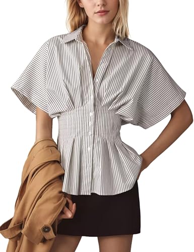 Casual Striped Button Down Shirts for Women Lapel V Neck Pleated Short Sleeve Blouse Peplum Tops Business Work Tops
