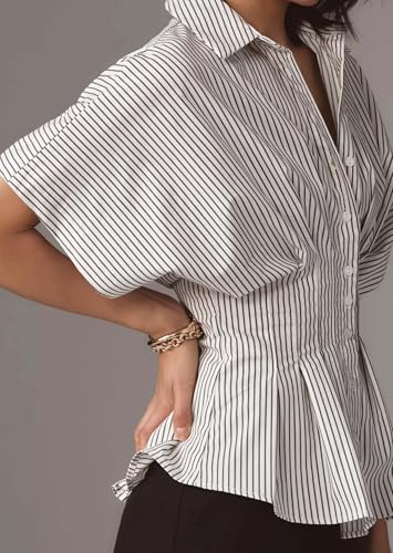 Casual Striped Button Down Shirts for Women Lapel V Neck Pleated Short Sleeve Blouse Peplum Tops Business Work Tops