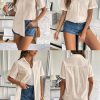 51w4opcVnjL.jpg Women Linen Button Down Shirt Rolled Cuffed Short Sleeve Blouse Ladies Summer Casual V Neck Beach Cotton Tops
