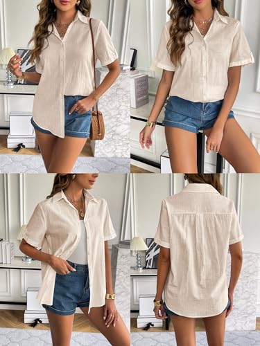 51w4opcVnjL.jpg Women Linen Button Down Shirt Rolled Cuffed Short Sleeve Blouse Ladies Summer Casual V Neck Beach Cotton Tops