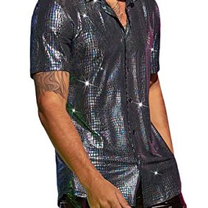 Men's 70s Sparkly Disco Top Crocodile Pattern Metallic Rave Button Down Shirt Short Sleeve Party T Shirt