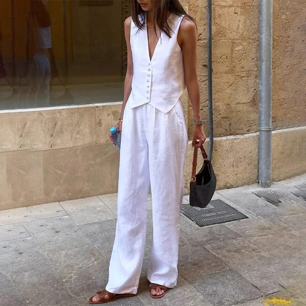Retro Linen Women Suits Blue Sleeveless Button Vest Tops Wide Leg Pants Sets 2 Pieces Outfits Femme