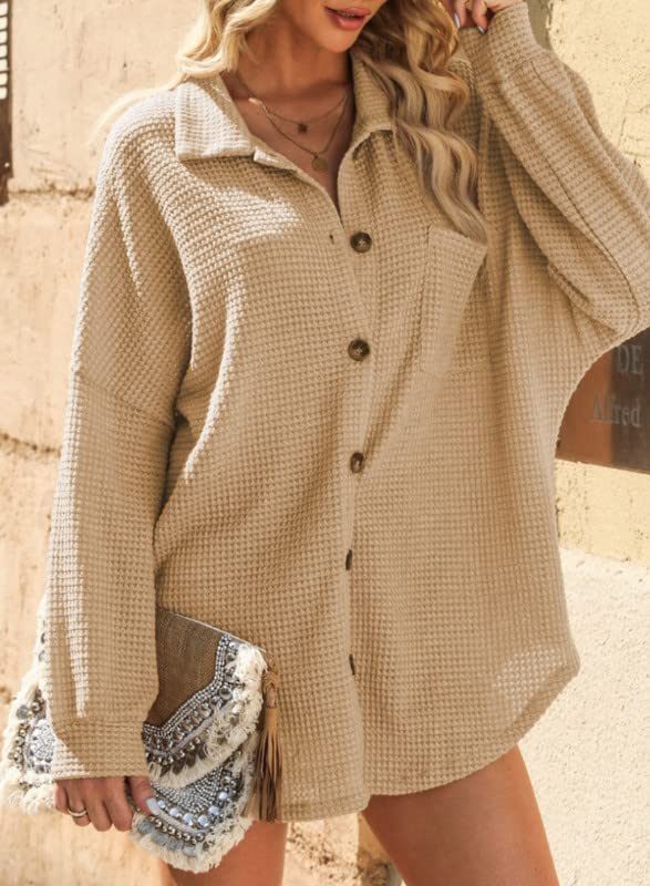 Womens Waffle Knit Shacket Jacket Casual Long Sleeve Button Down Shirts Dressy Blouses Tops