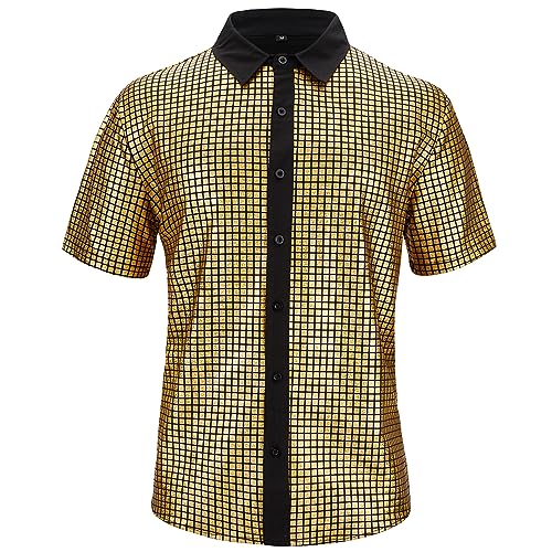 Mens 70S Disco Outfits Sequin Shirt Short Sleeve Button Down Shirts Party Novelty Shirts Nightclub Christmas Prom Costume