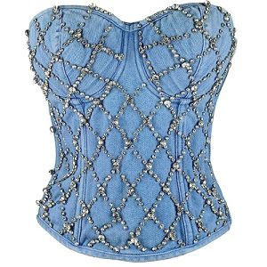 Women's Denim Rhinestone Corset Top Sexy Club Party Jean Bodysuit