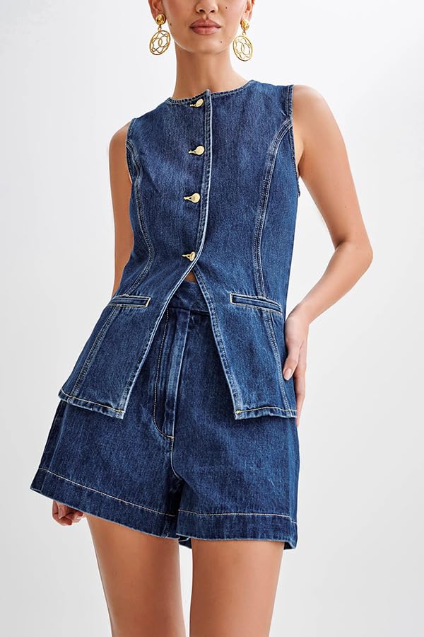 Two Piece Sets for Women Summer Vest Outfits Denim Suiting